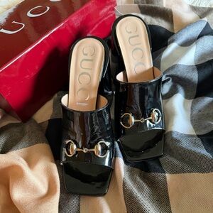 Gucci Horsebit Marmont Chunky Heel Black Patent Leather Mule Sandals